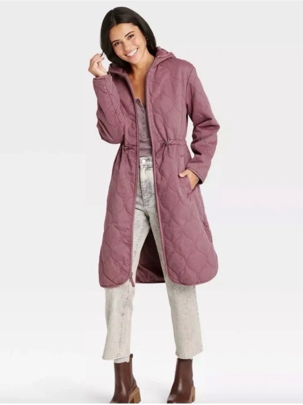 Universal Thread Quilted Hooded Long Puffer Coat in Dusty Rose
